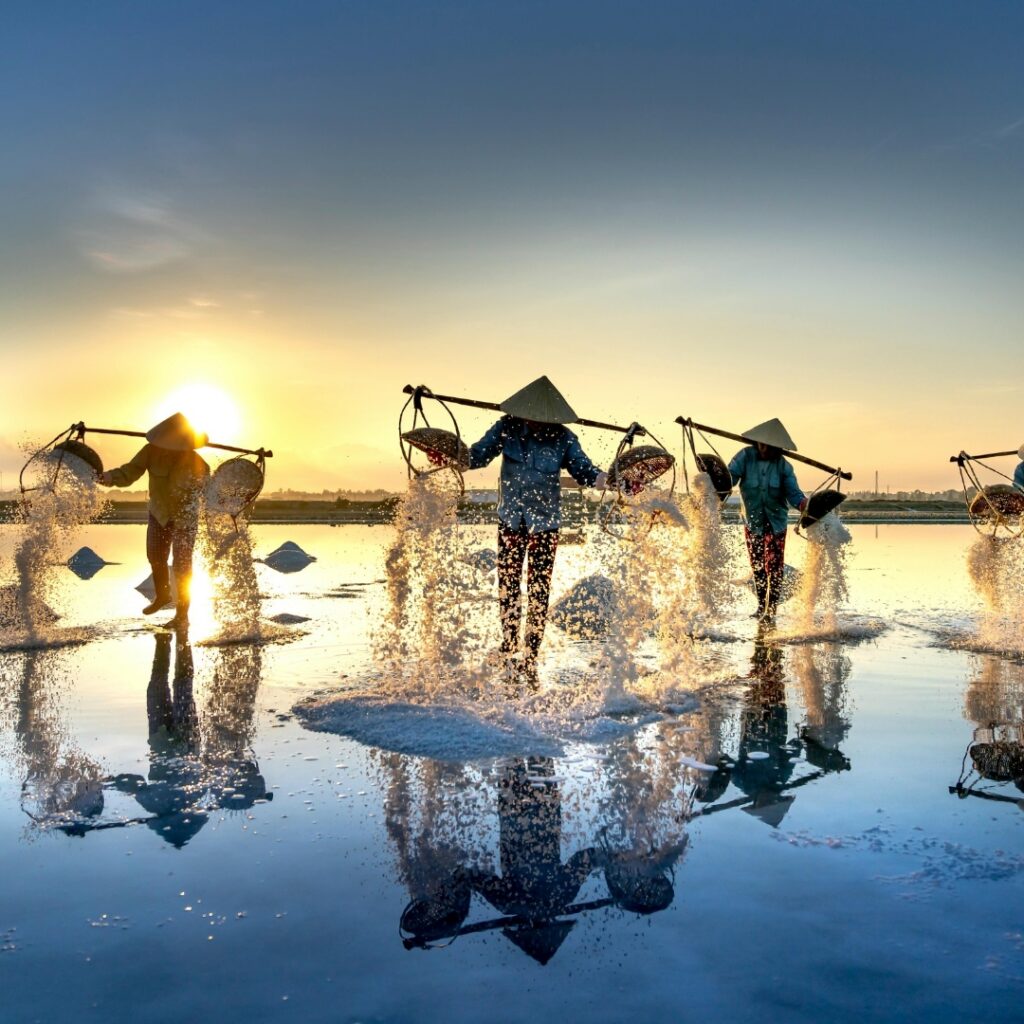 Traditional Vietnam salt workers harvesting salt, authentic cultural photography by Flemingo Routes.