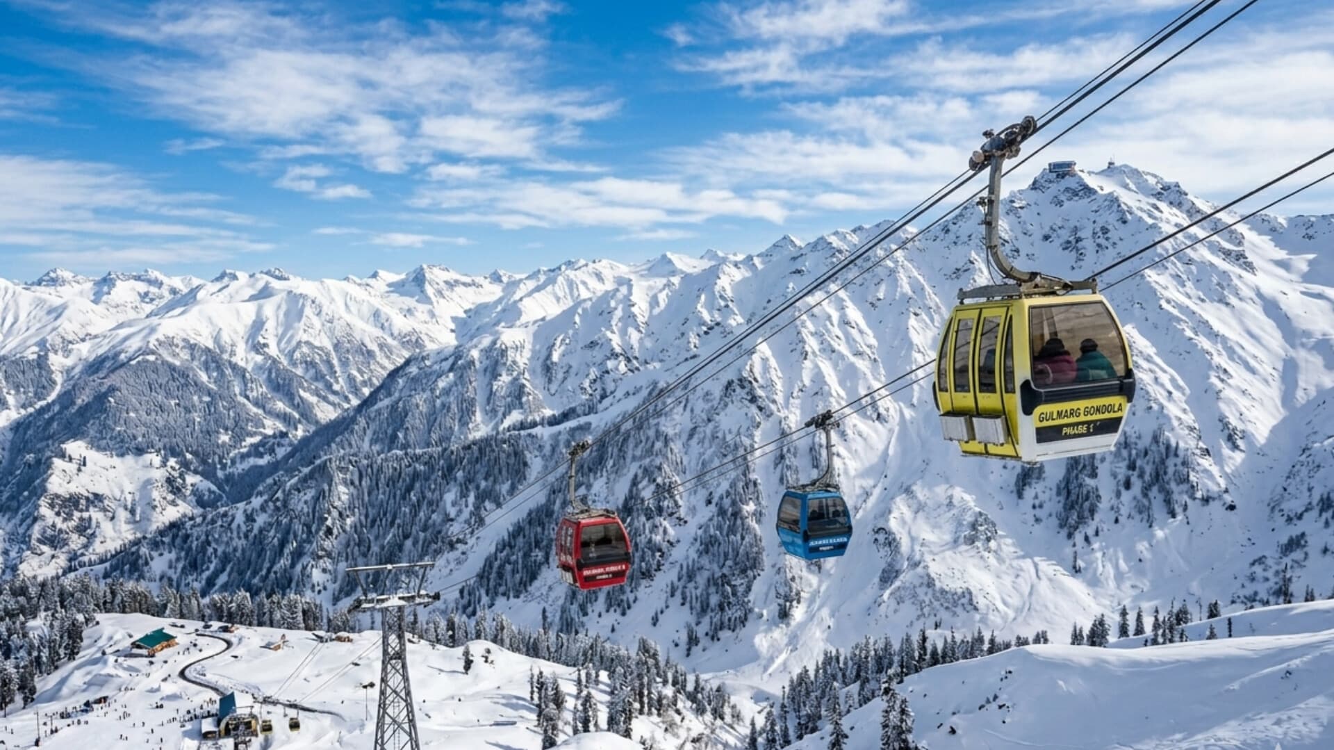 Red Gulmarg cable car moving over snow covered mountains in Kashmir