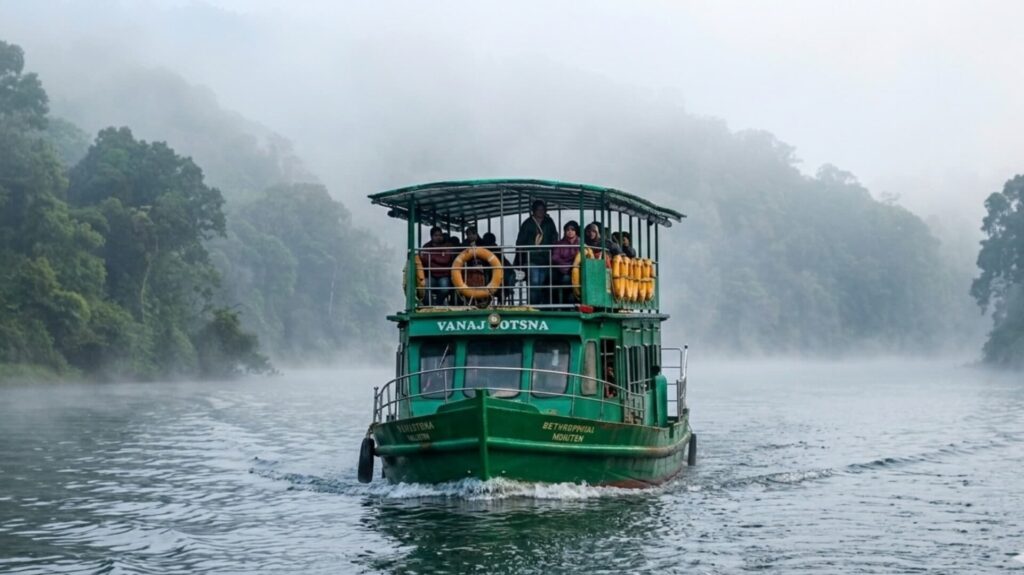 Morning boat safari in Periyar Tiger Reserve with mist and fog over the lake.