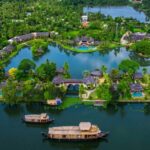 Aerial view of Zuri Kumarakom Resort & Spa on the banks of Vembanad Lake in Kerala
