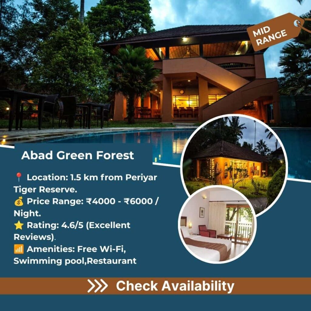 Abad Green Forest resort mid range rooms and garden view in Thekkady