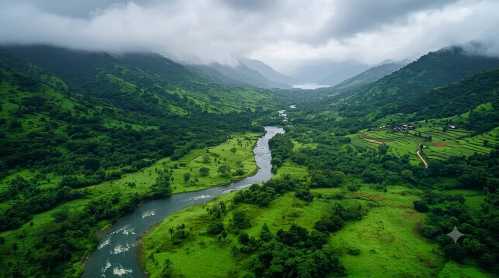 An aerial drone view of a winding river flowing through a lush green valley surrounded by mist-covered mountain peaks during the monsoon season in Araku Valley.