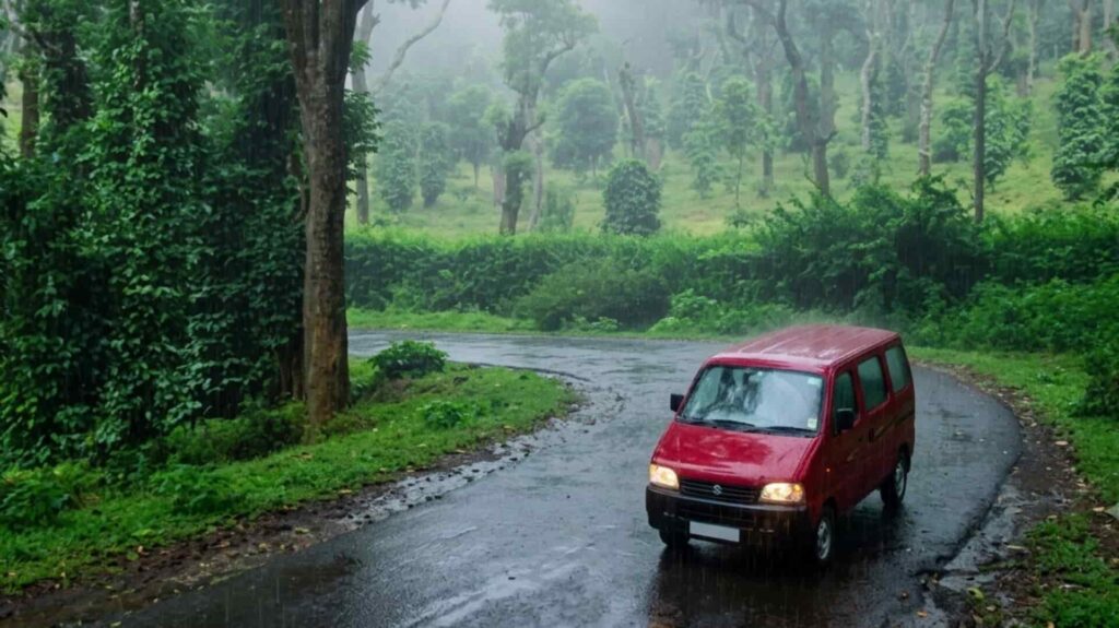 Coffee plantations and mist-covered hills in Coorg during the monsoon season