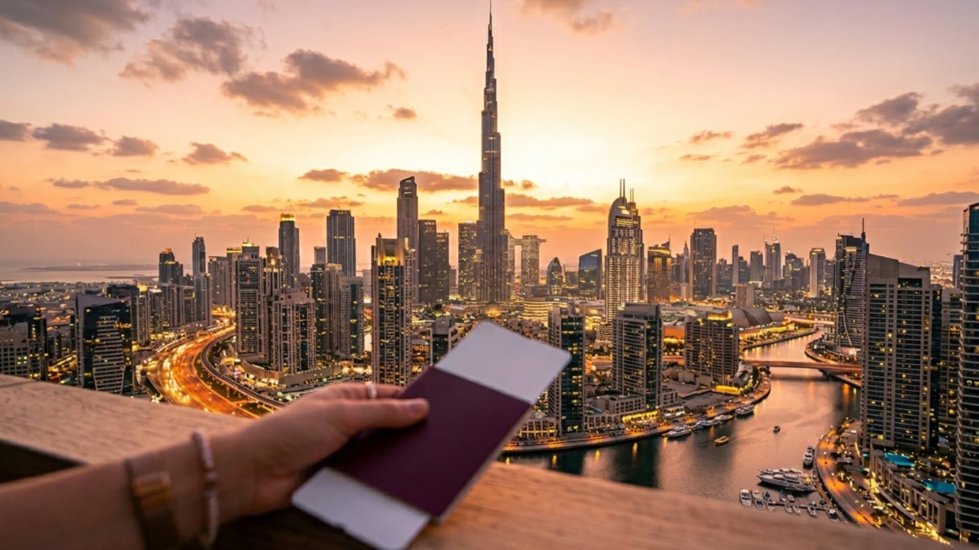 Dubai skyline with Burj Khalifa at sunset and blurred passport in foreground representing Dubai tourist visa 2026 fast approval.