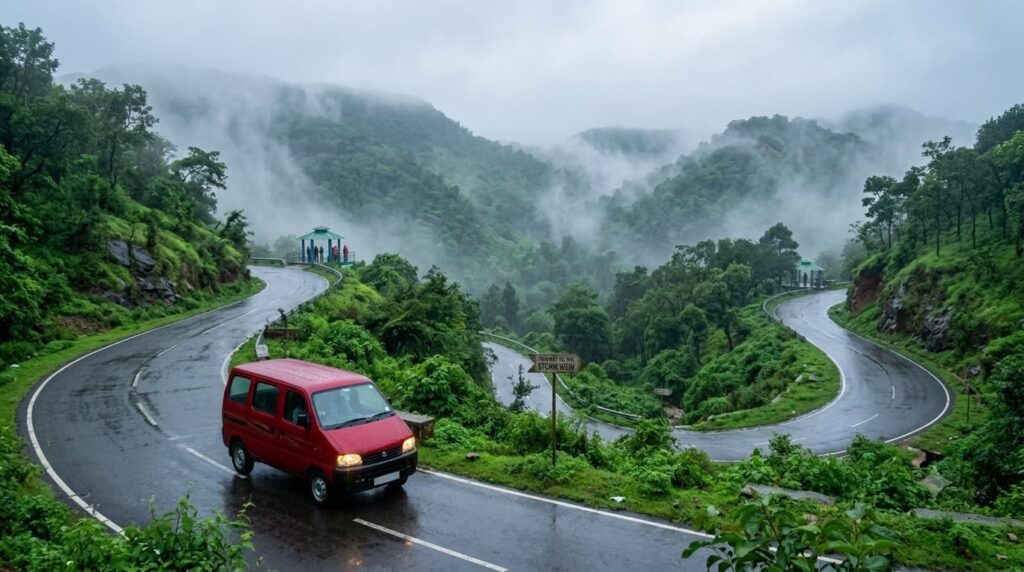 The red Maruti Eeco camper van from Flemingo Routes navigating a wet, winding hairpin curve on the foggy Horsley Hills ghat road during a morning monsoon drive.