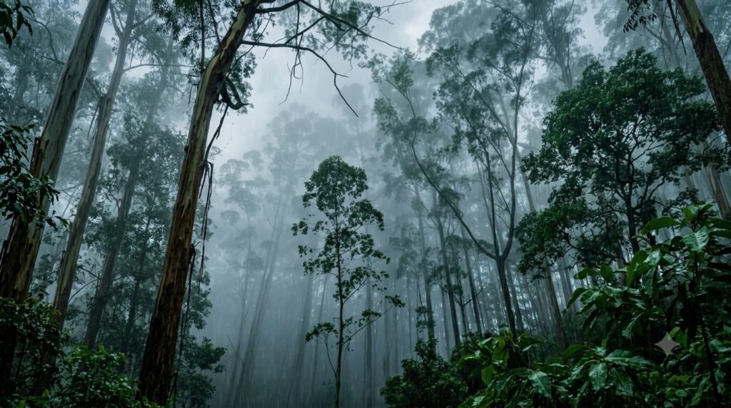 Looking up at towering eucalyptus and pine trees in a dense forest covered in heavy monsoon mist and falling rain in Kodaikanal.