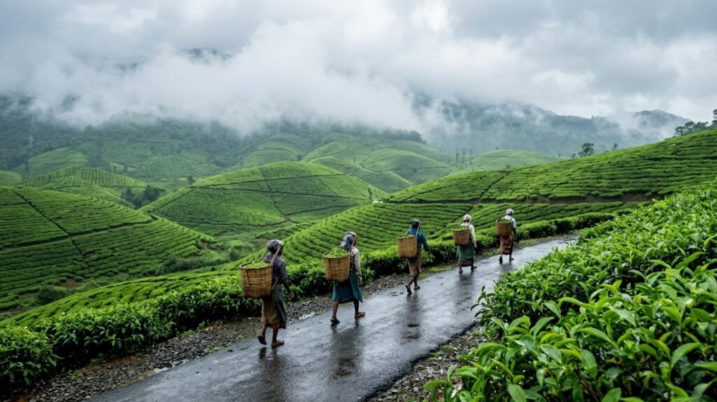 Munnar tea plantations during monsoon in June Green tea estates covered with mist and fresh