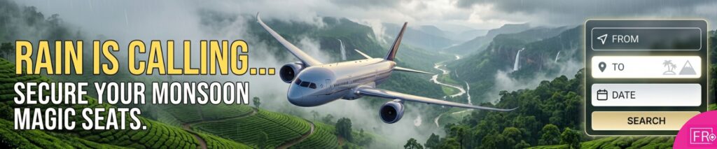 Passenger airplane flying over misty green hills, waterfalls, and tea plantations, transitioning into a luxury cabin view with an interactive flight search form on the right.