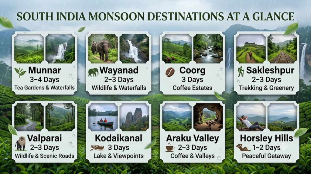 South India monsoon destinations infographic with best places to visit