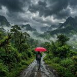 A woman with a red umbrella walks down a wet dirt road during heavy rainfall in a lush green valley, representing beautiful South India monsoon destinations in Kerala
