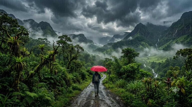 A woman with a red umbrella walks down a wet dirt road during heavy rainfall in a lush green valley, representing beautiful South India monsoon destinations in Kerala