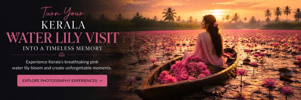 Clickable call-to-action banner to book a professional vacation photoshoot package in the blooming Kerala water lily fields.