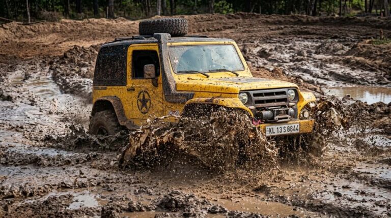 A yellow 4x4 vehicle splashing through mud during the Malabar River Festival 2026 off-road fun drive in Thusharagiri.