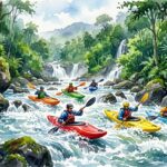 Watercolor painting of colorful kayaks navigating white water rapids during the Malabar River Festival 2026 in Thusharagiri.