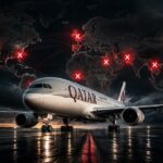 A Qatar Airways airplane parked on a wet tarmac runway with a global map overlay showing red cancellation marks.