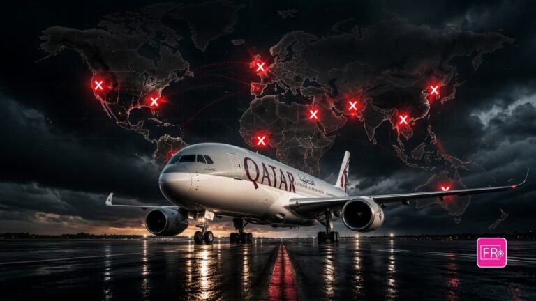 A Qatar Airways airplane parked on a wet tarmac runway with a global map overlay showing red cancellation marks.