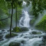 Thusharagiri Waterfalls in Kerala surrounded by dense green forest and rising white mist