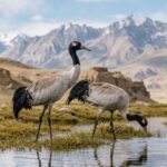 A pair of rare birds grazing in the high-altitude wetlands during the Ladakh Black Necked crane festival in Changthang.