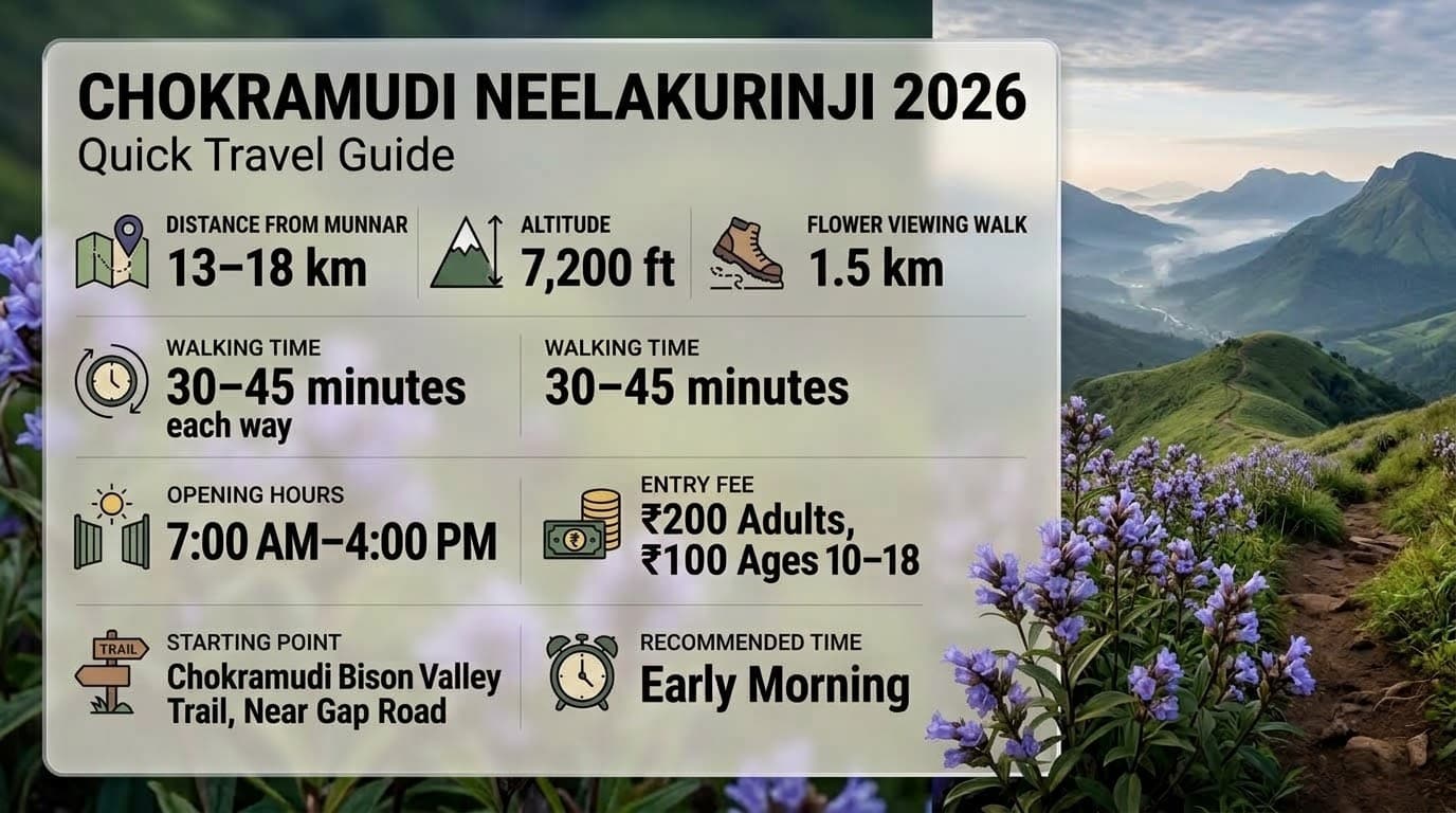 Chokramudi Neelakurinji Munnar travel guide with distance, trek time, entry fee and opening hours
